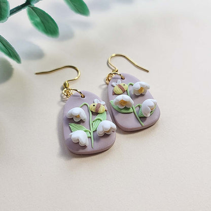 Handmade cute Lily of the Valley flower polymer clay earrings - Jewelry gift for women- Rankų darbo auskarai „Pakalnutės“