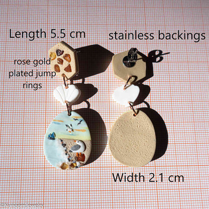Dangle And Drop Ocean Earrings With Amber Stone Pieces - Polymer Clay Jewelry