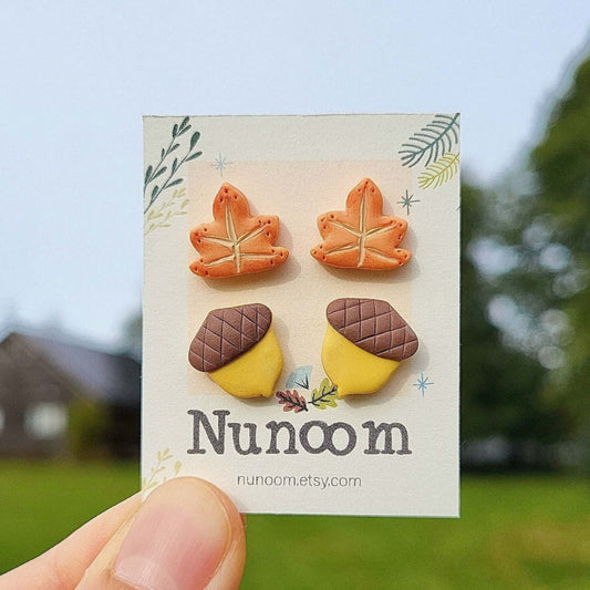 Maple leaf & acorn stud earrings