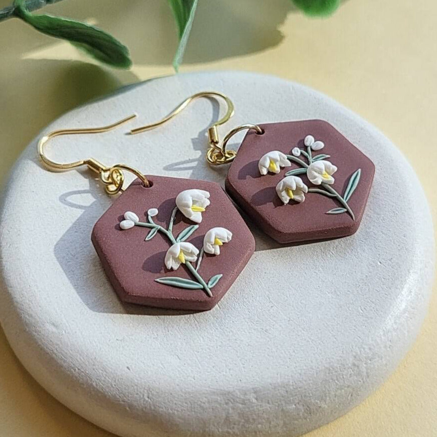 May Bells Flower Clay Earrings - Lily of the valley flower polymer clay earrings