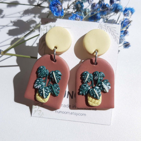 Monstera polymer clay earrings