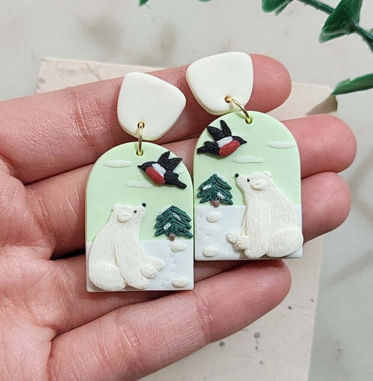 Unique polar bear earrings polymer clay