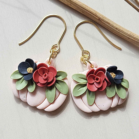 Pumpkin flower polymer clay earrings - Rankų darbo auskarai su moliūgu ir gėlėmis