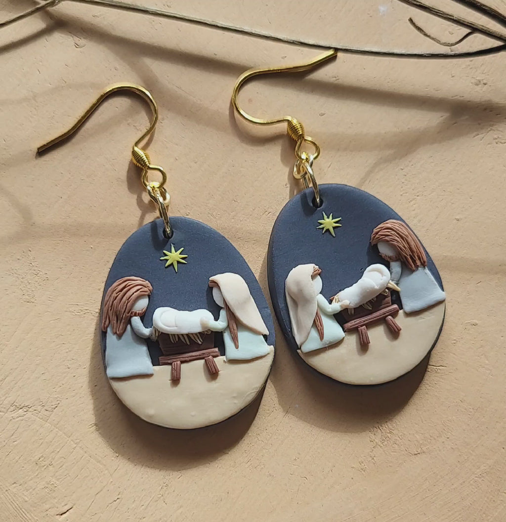 Handmade Christmas Nativity scene polymer clay earrings