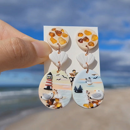 Dangle and drop ocean earrings with natural amber stone - Rankų darbo auskarai su vandenyno ir gintaro detalėmis