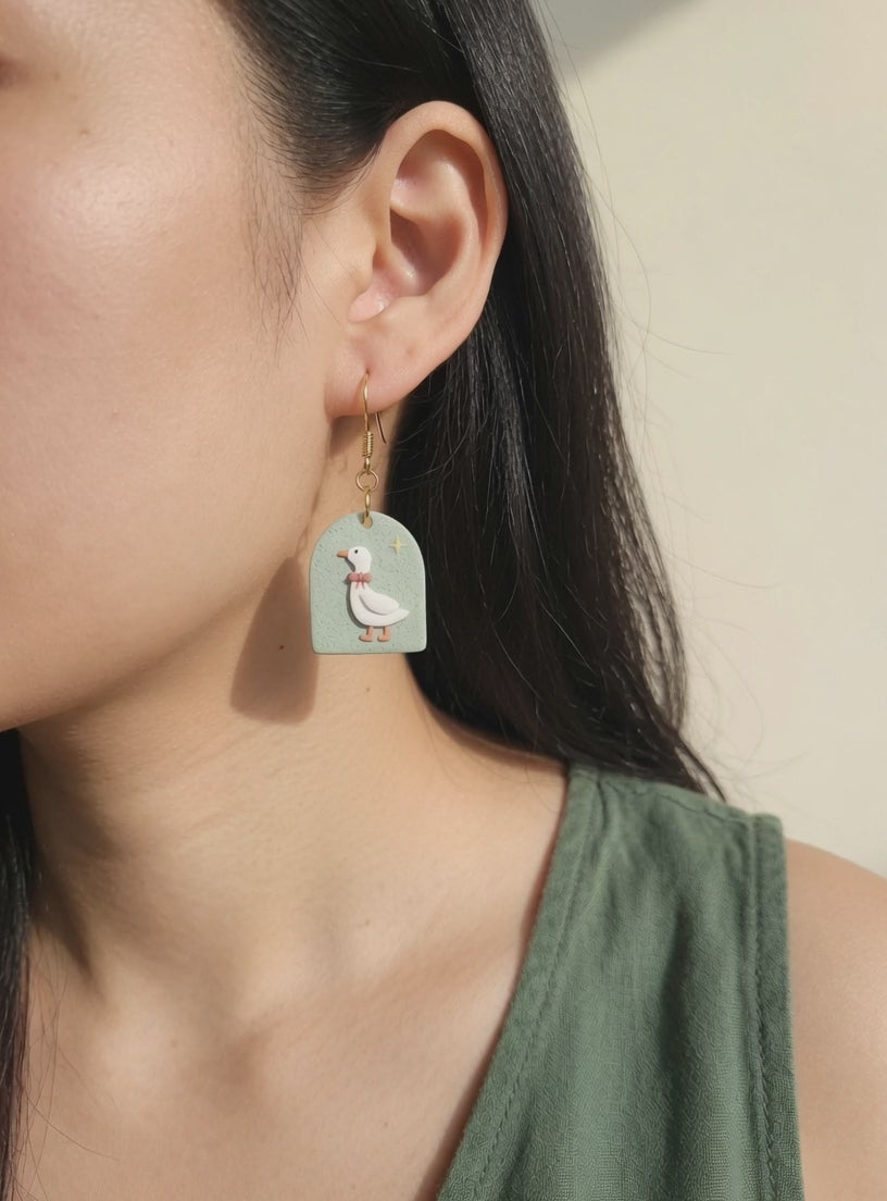 Cute cottagecore goose polymer clay earrings handmade jewelry gift for women