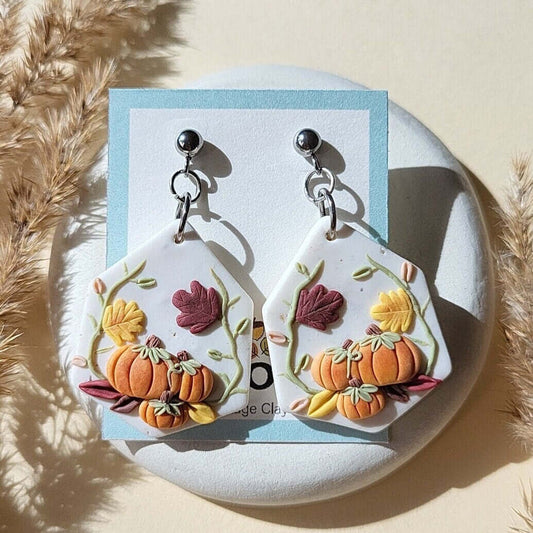 Pumpkin polymer clay earrings - Rankų darbo auskarai su moliūgu ir gėle