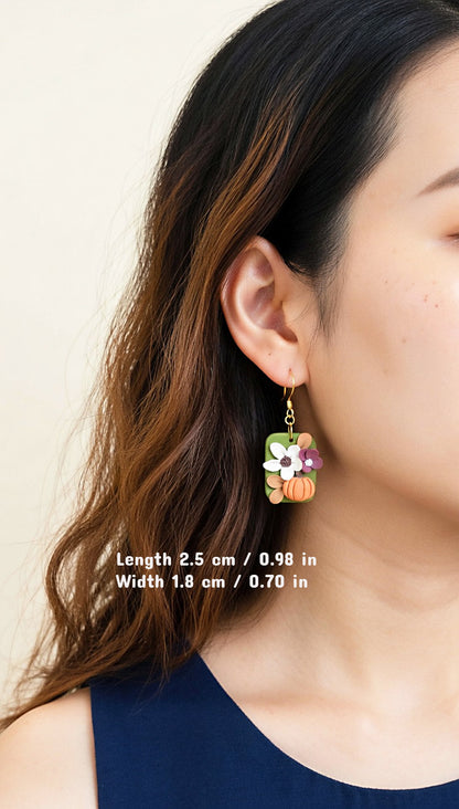 Handmade pumpkin flower polymer clay earrings - Rankų darbo auskarai su moliūgu ir gėle