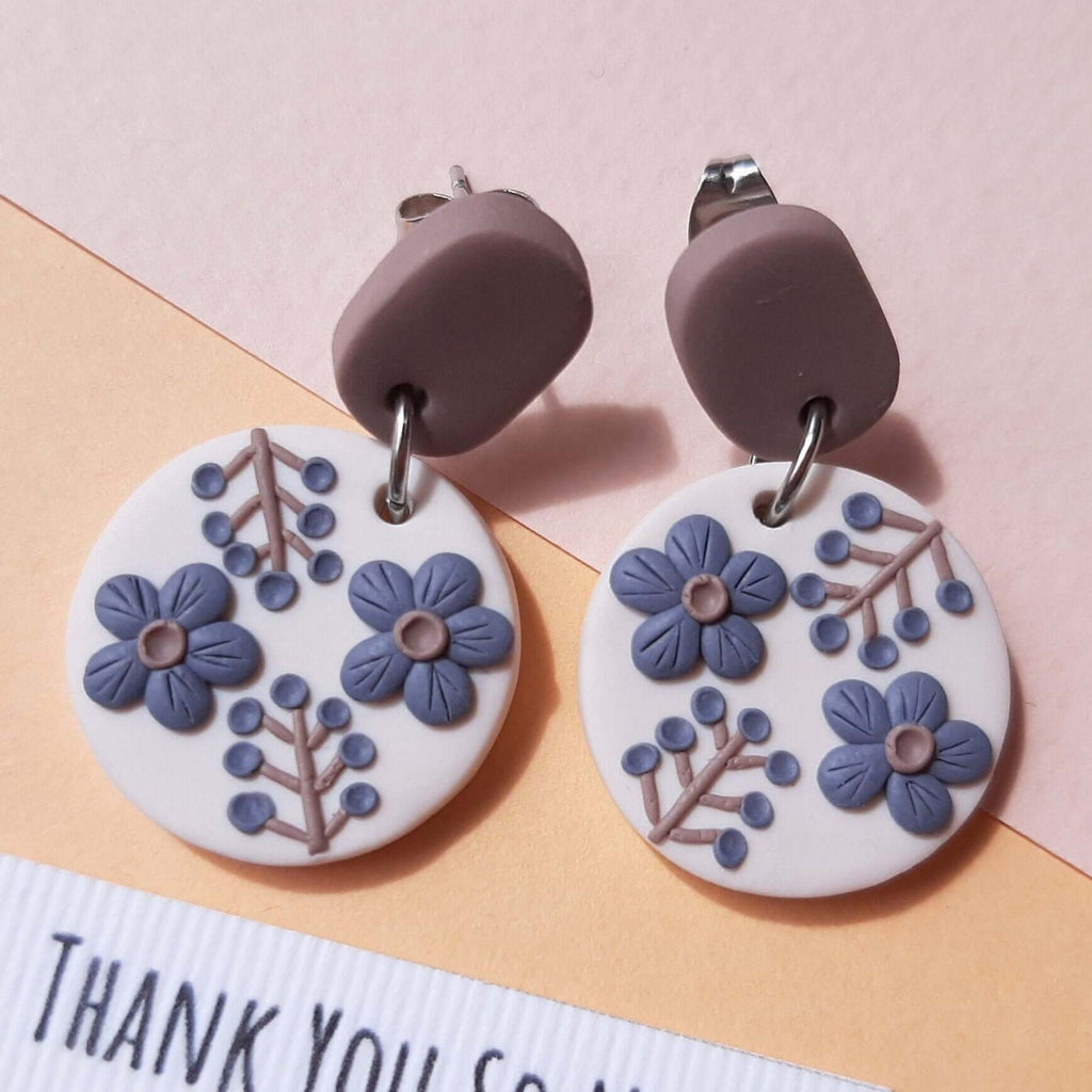 Polymer clay purple floral earrings