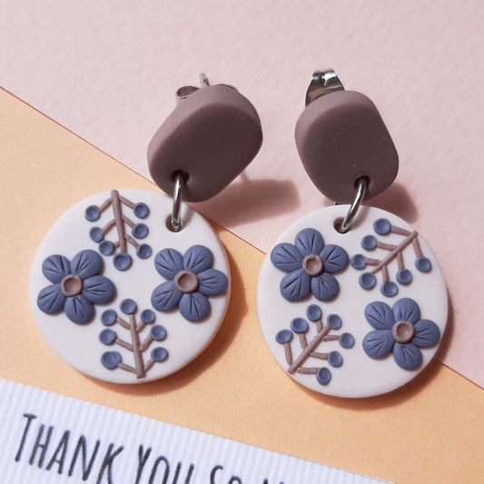 Polymer clay purple floral earrings