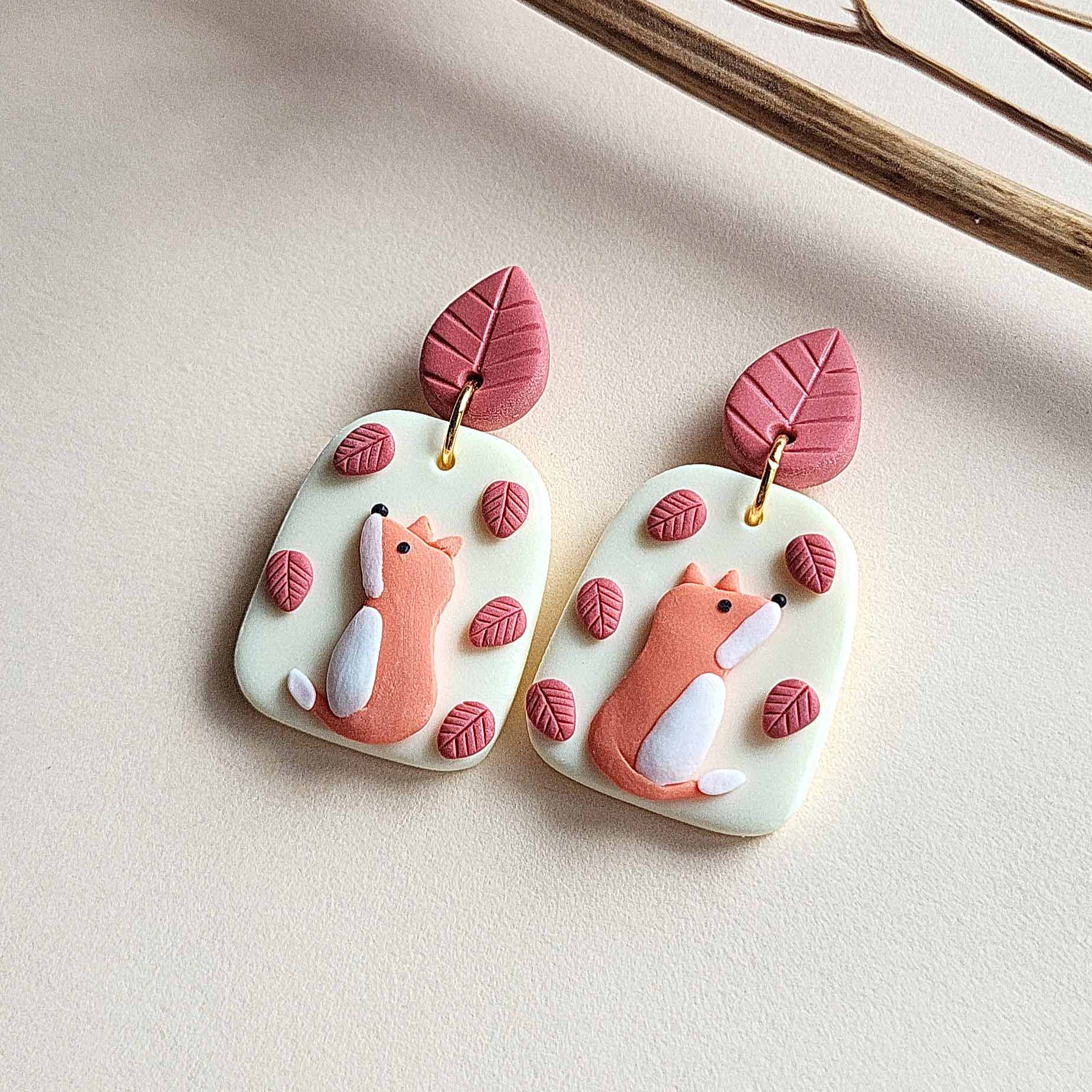 Cottagecore fox polymer clay earrings - Forest jewelry gift for her - Rankų darbo auskarai su lape