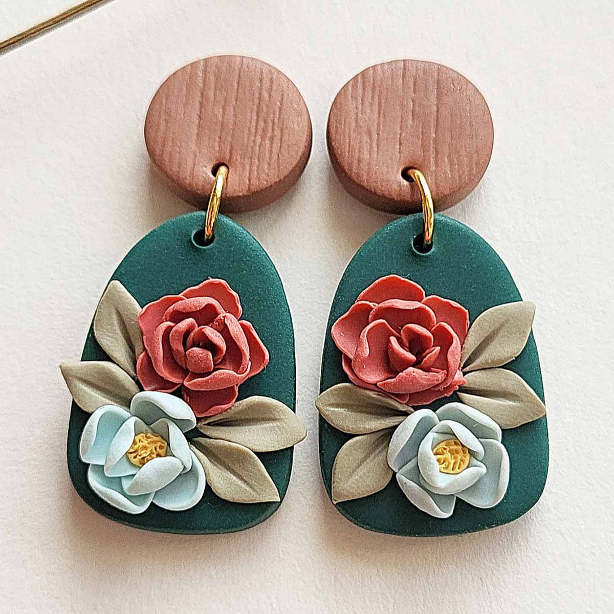 Red Peony polymer clay earrings -handmade jewelry gift for women - Rankų darbo auskarai „Gėlės“
