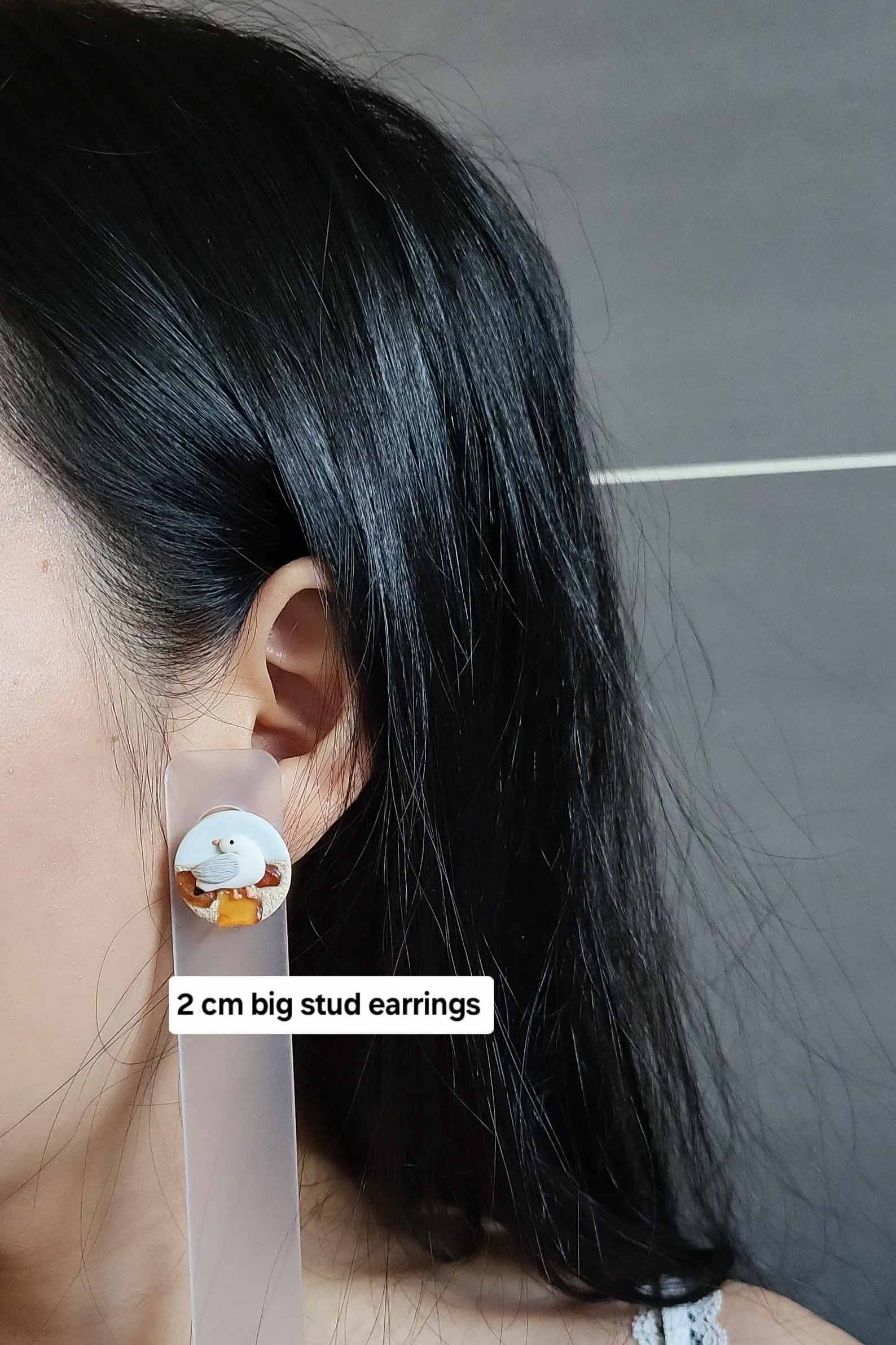 Seagull bird stud earrings with natural amber stone 