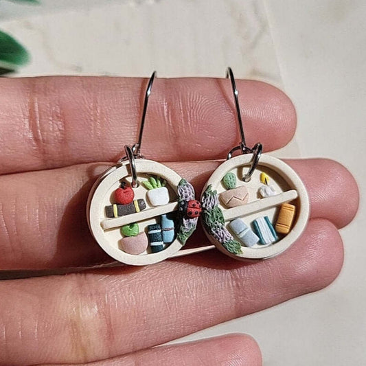 Small dangle bookshelf and plant earrings handmade