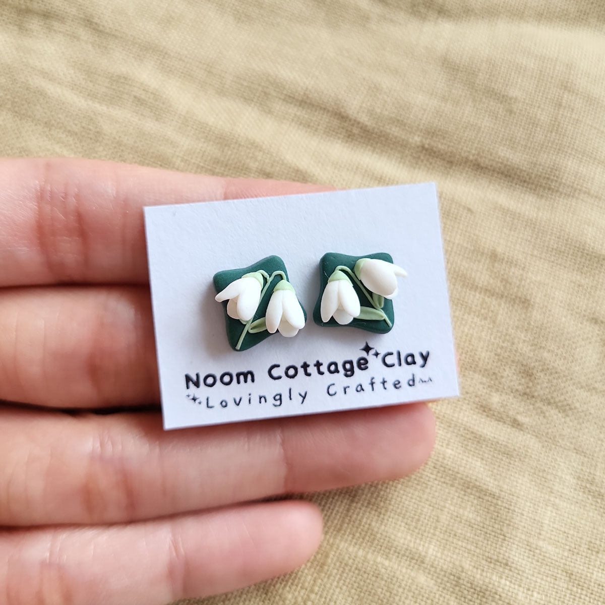 Handmade Snowdrop flower stud polymer clay earrings - Rankų darbo auskarai smeigtukai su snieguolių motyvais