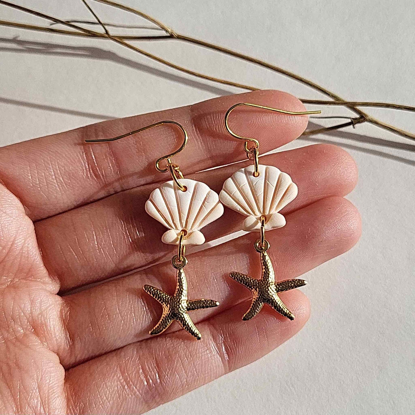 Small dangle starfish and shell earrings