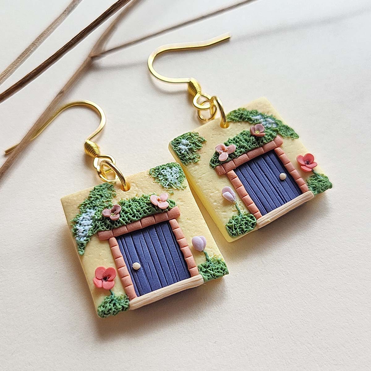 Cute polymer clay floral house earrings handmade jewelry gift for her