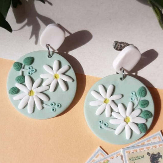 Handmade white floral clay earrings