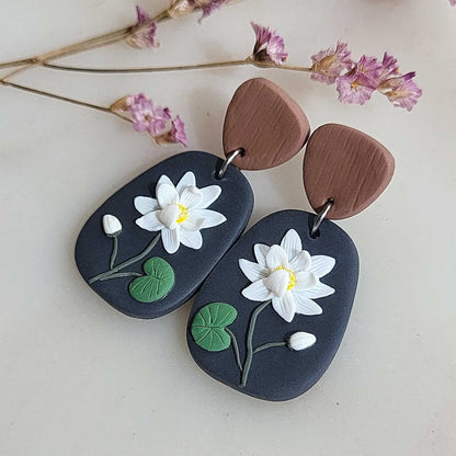 Dainty white flower earrings handmade - Rankų darbo auskarai su baltu lotosu