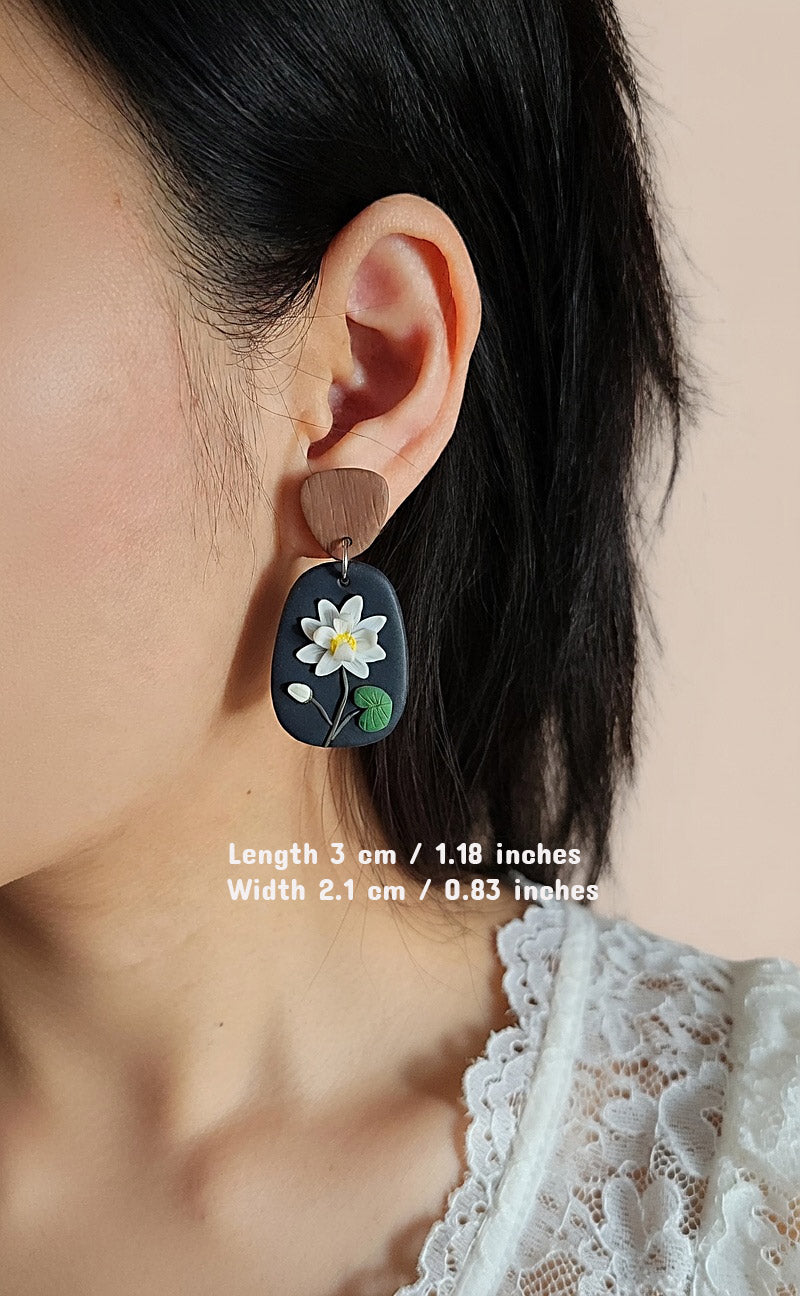 Handmade white Lotus flower polymer clay earrings - Rankų darbo auskarai su baltu lotosu