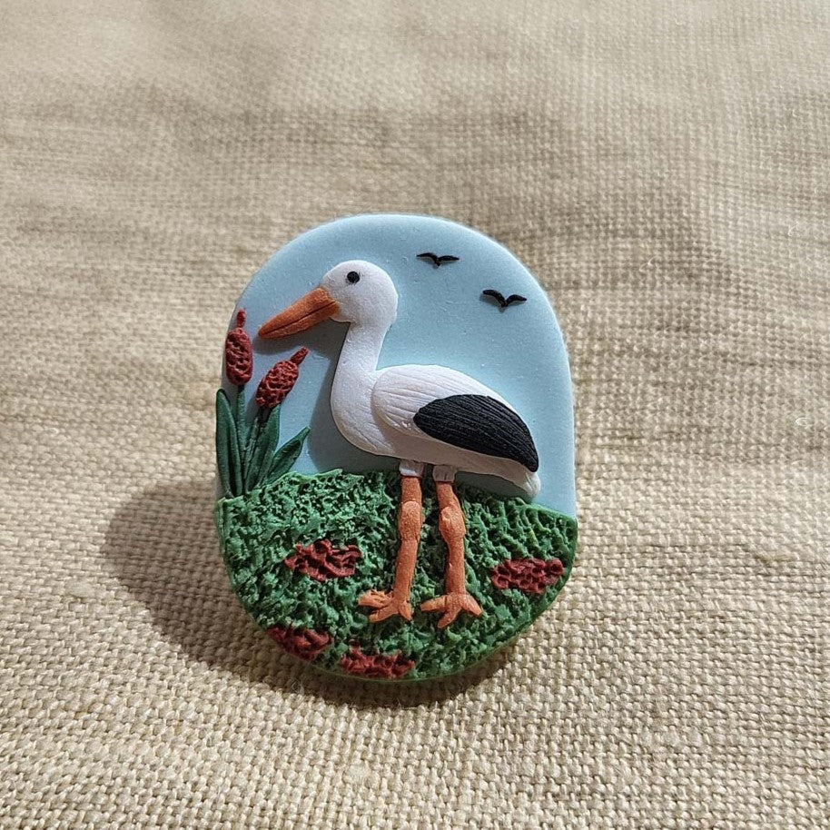 Handmade white strok bird pin - Rankų darbo segė su baltuoju gandru
