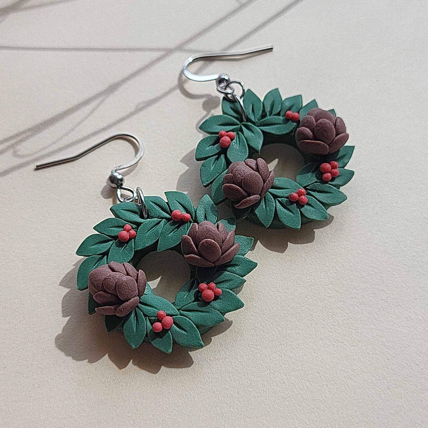 Cute winter wreath pinecone polymer clay earrings