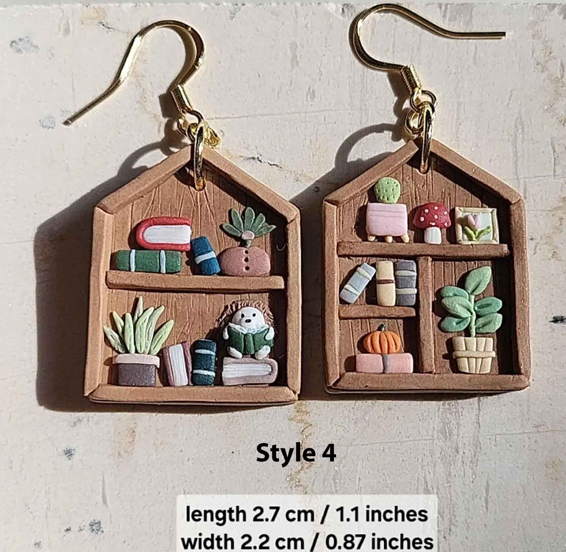 Wooden bookshelf clay earrings 